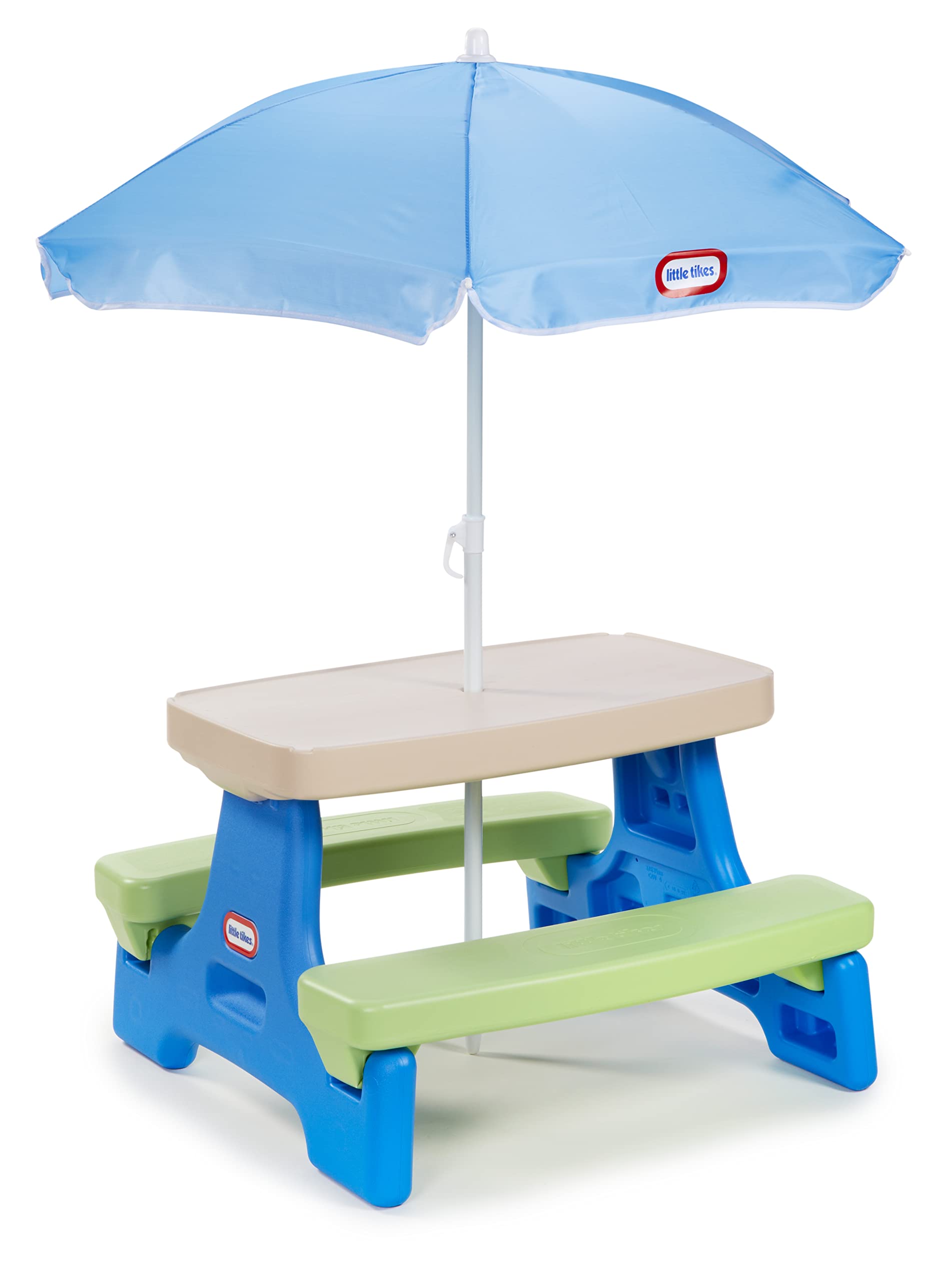 Little Tikes Easy Store Picnic Table umbrella center hole for shade and playtime outdoors.