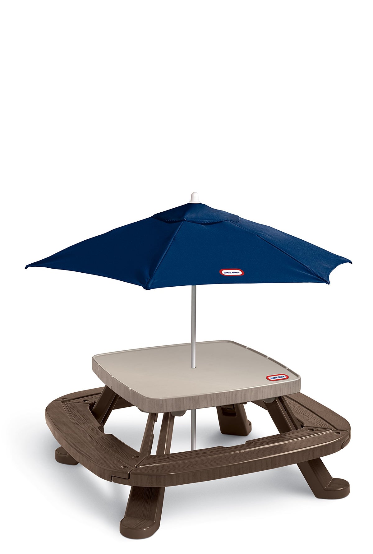 Little Tikes Fold 'n Store picnic table with wood-grain finish, ideal for outdoor snacks