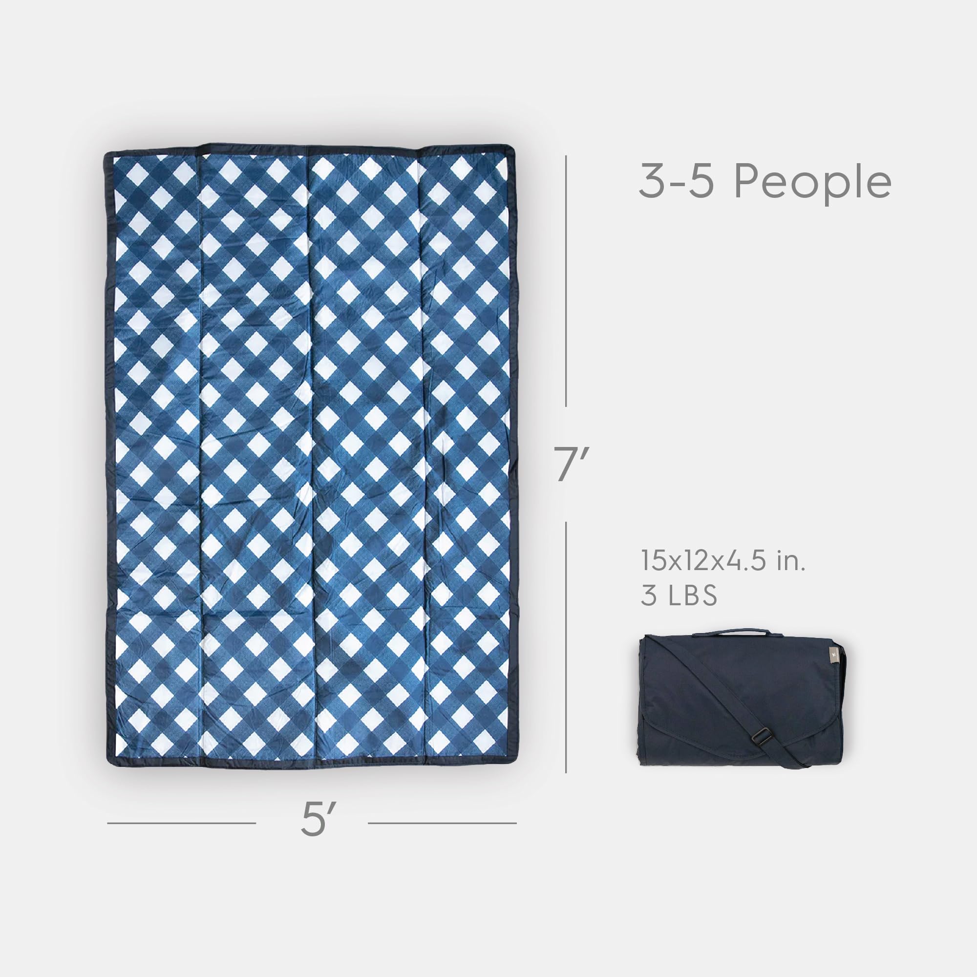 Little Unicorn blanket spread on grass, navy plaid, perfect for family picnics.