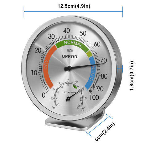 Close-up of LittleGood hygrometer dial showing precise analog display