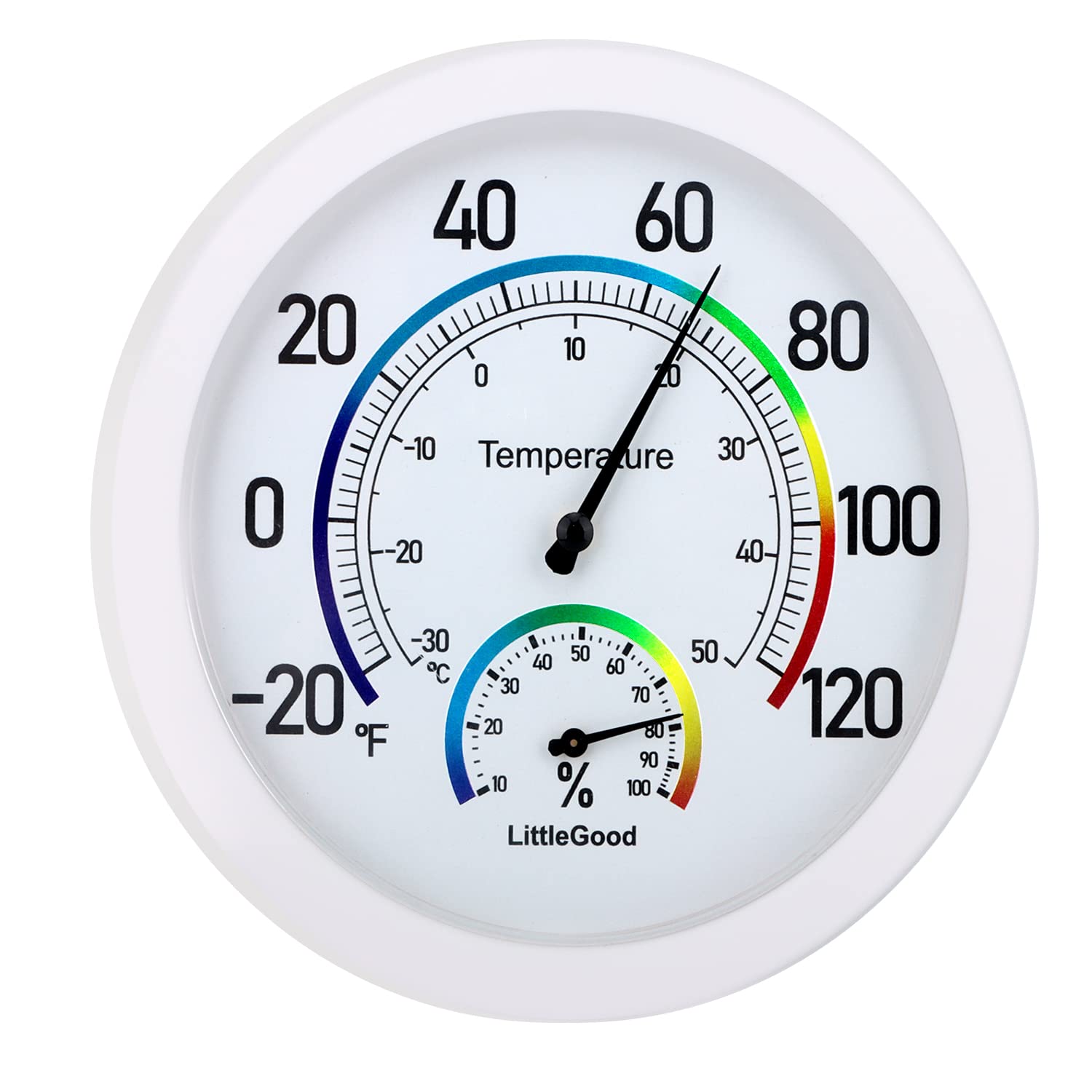 LittleGood 6-inch thermometer and hygrometer front dial displaying temp and humidity clearly for quick room checks