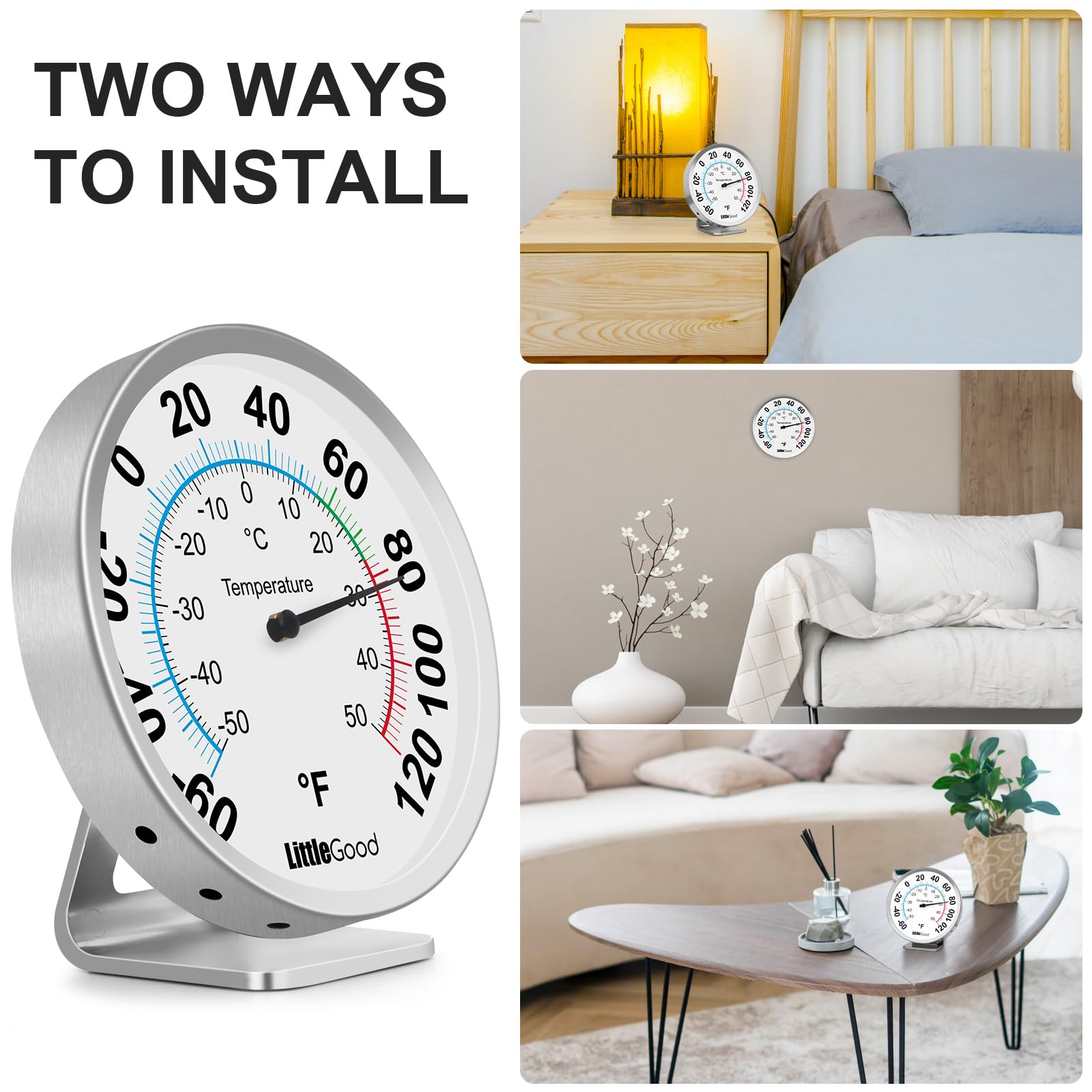 LittleGood indoor-outdoor thermometer tracks -50 to 50 C / -60 to 120 F.