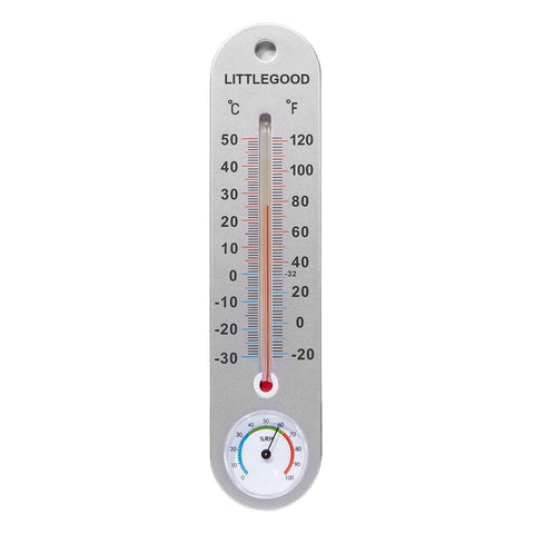LittleGood vertical thermometer-hygrometer wall display shows temperature and humidity indoors