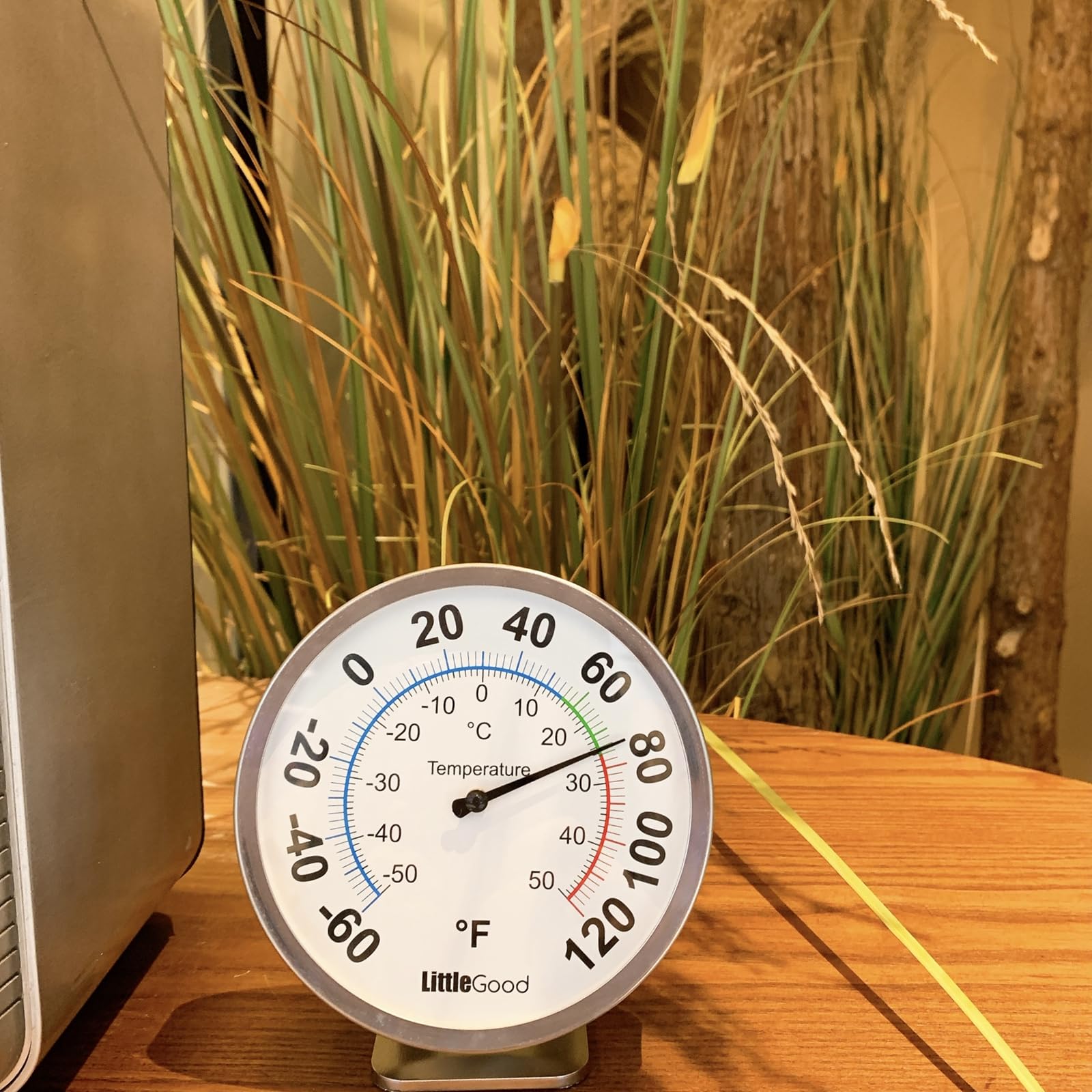LittleGood wall-mount thermometer saves space while monitoring garage or patio temps.