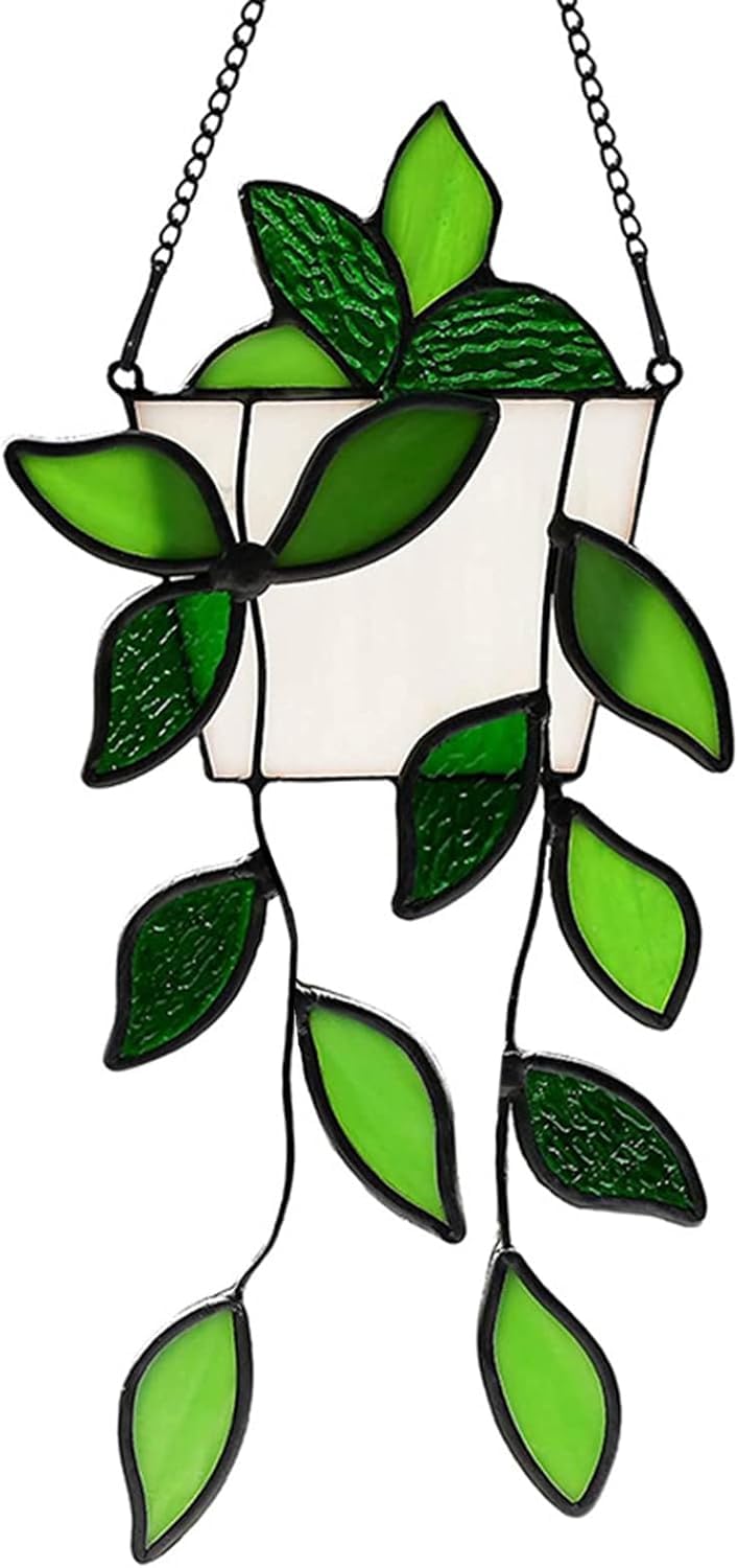LittleVoleSherry green plant stained glass window hanging brightens your window display.