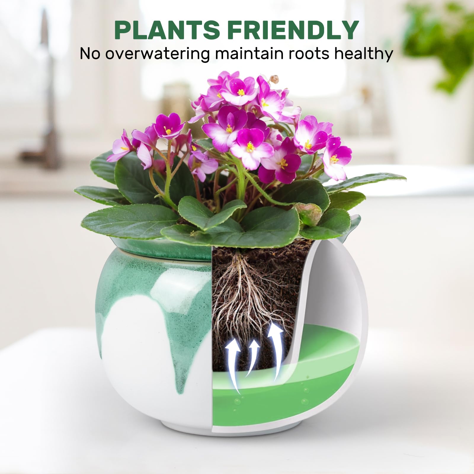 Litudiso African Violet Pot with inner kaolin absorbs moisture to help balance soil.