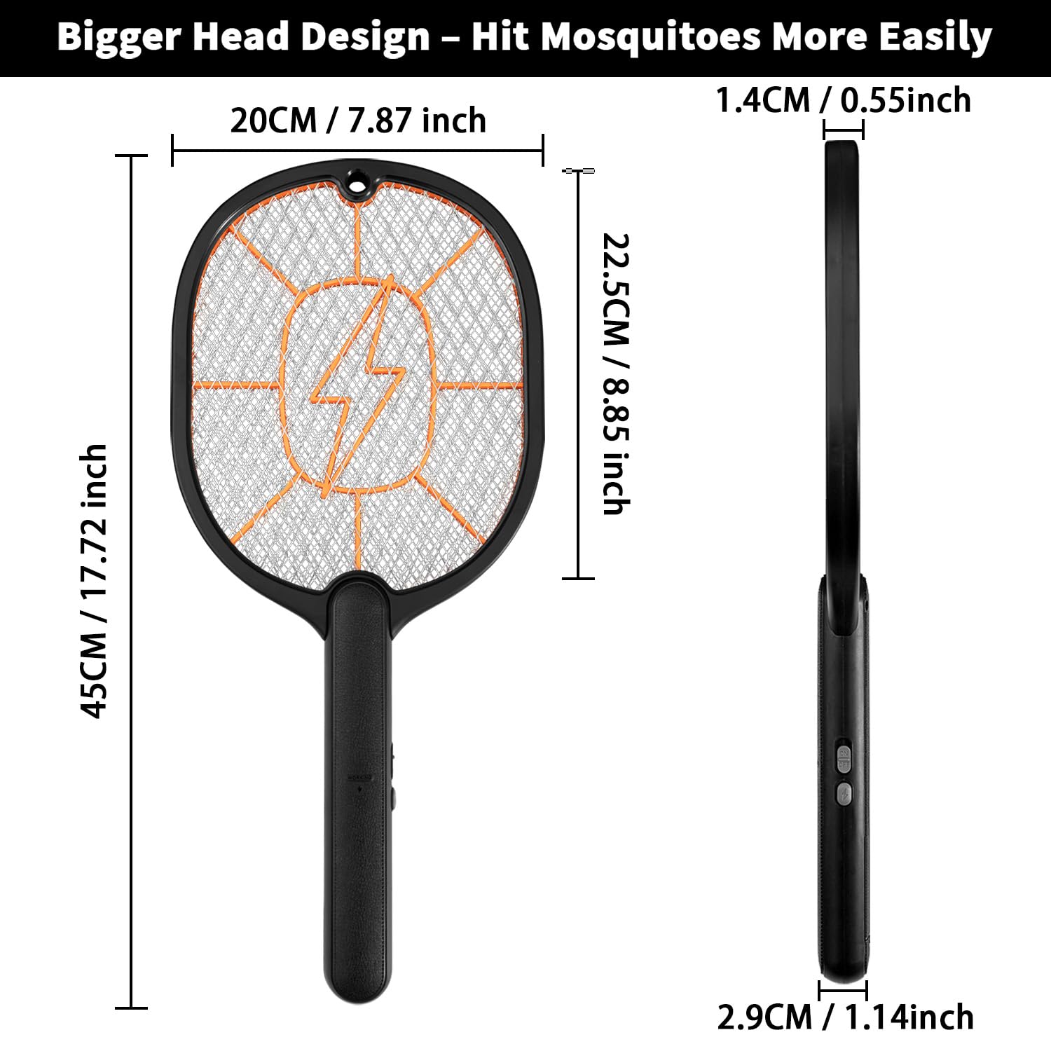 LIU GUI HUA LI racket head close-up shows wide coverage against mosquitoes