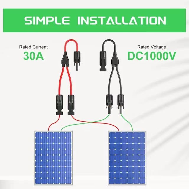 30A-rated Y-branch connector for combining multiple panels in parallel