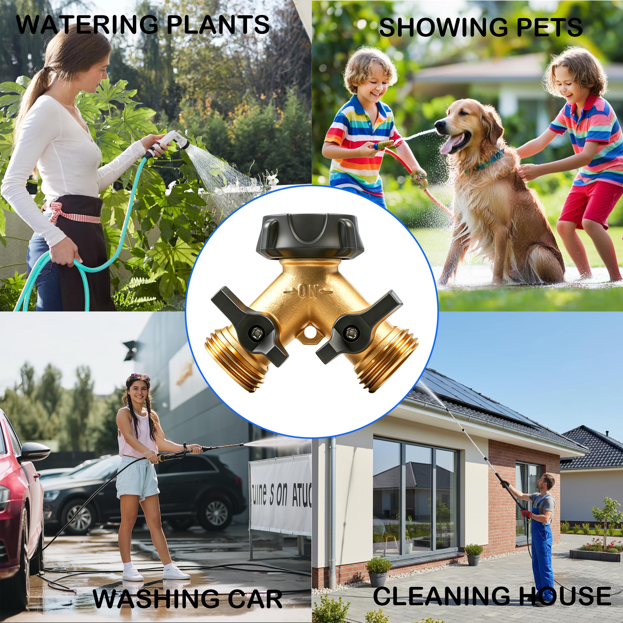 Backyard use scenario with LIULO TOOL brass splitter powering irrigation and garden hose