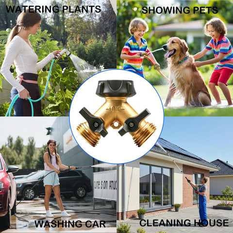 Backyard use scenario with LIULO TOOL brass splitter powering irrigation and garden hose
