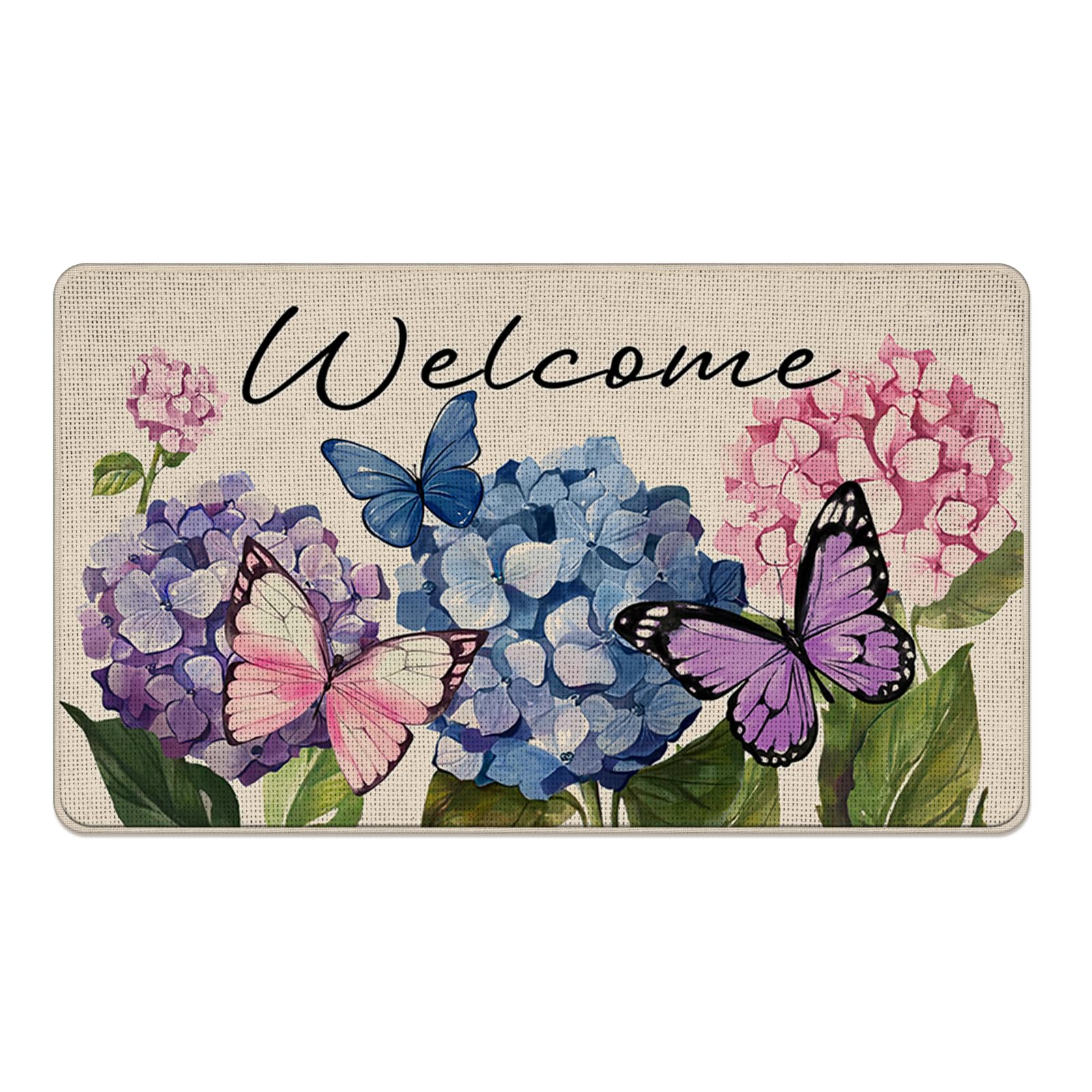 Livcoz Welcome Spring hydrangea doormat with butterfly accents, ideal for non-slip entryways
