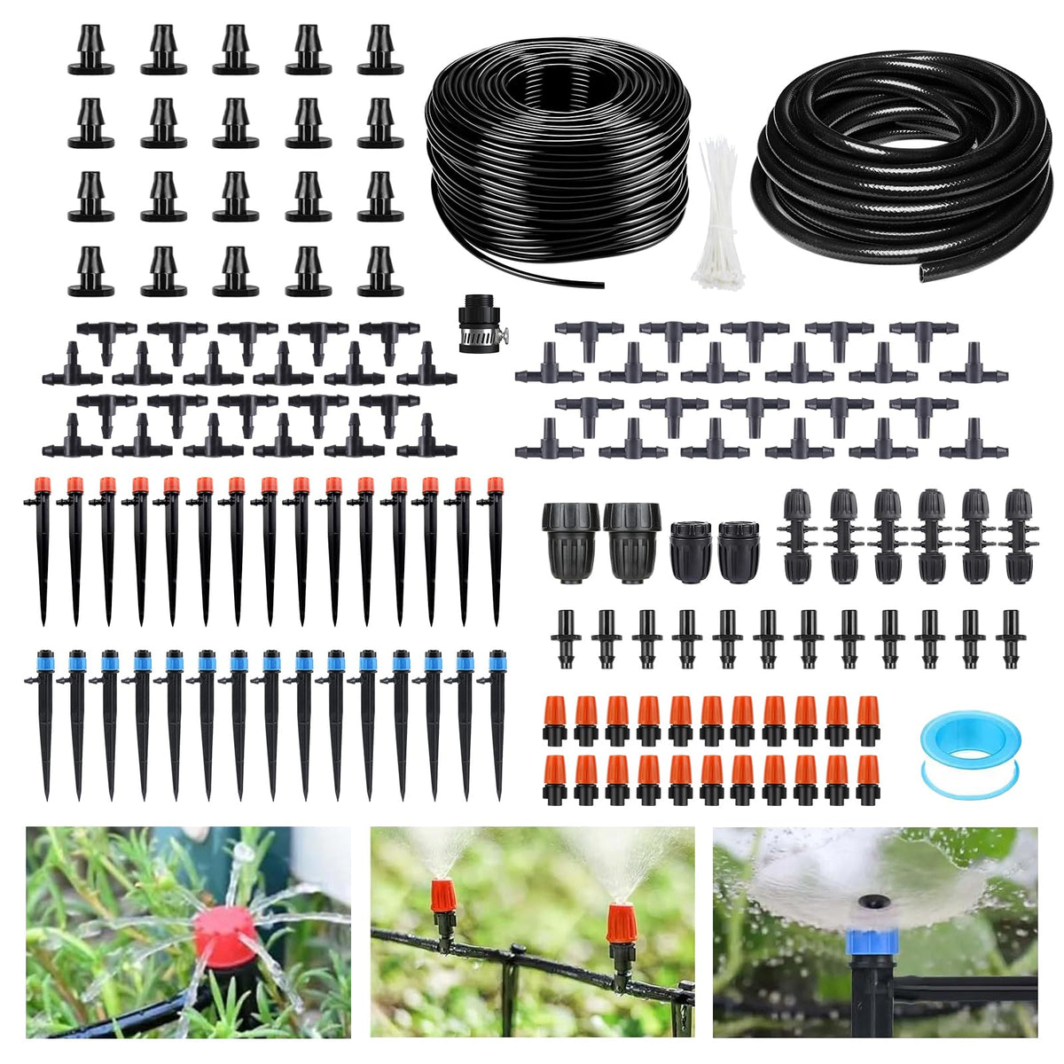 Lives 256ft drip irrigation kit layout showing main tubing and emitters for efficient watering