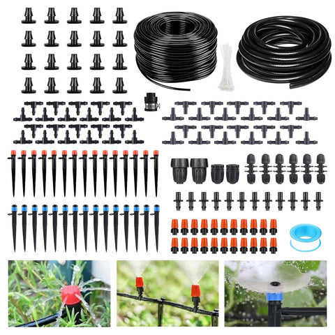 Lives 256ft drip irrigation kit layout showing main tubing and emitters for efficient watering