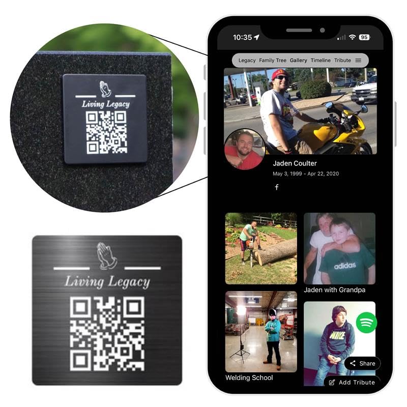 Living Legacy QR Code Plaque front view enabling quick access to the tribute page.