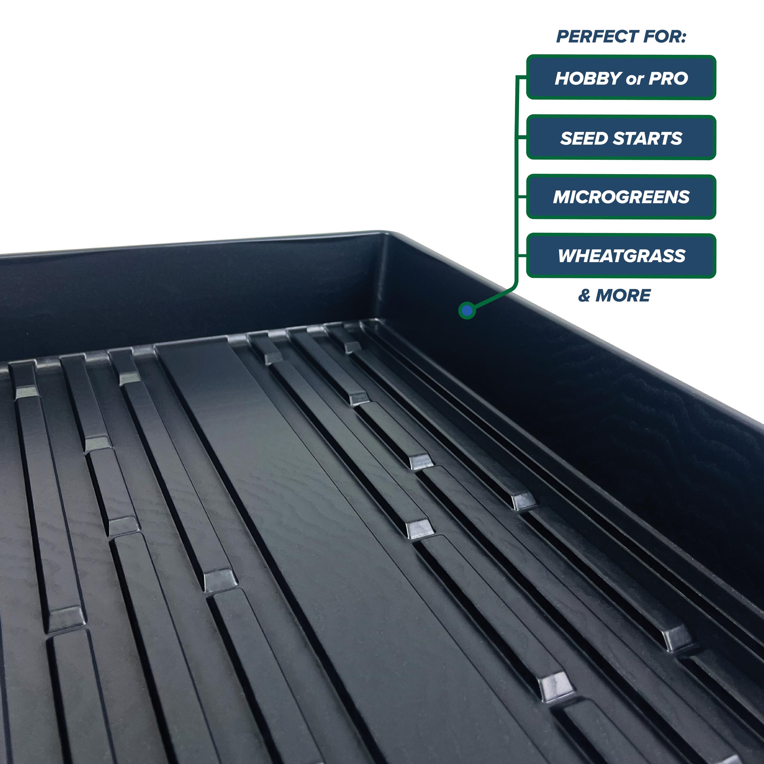 Living Whole Foods bottom-dimensions trays, 20x10 inches for compact benches.