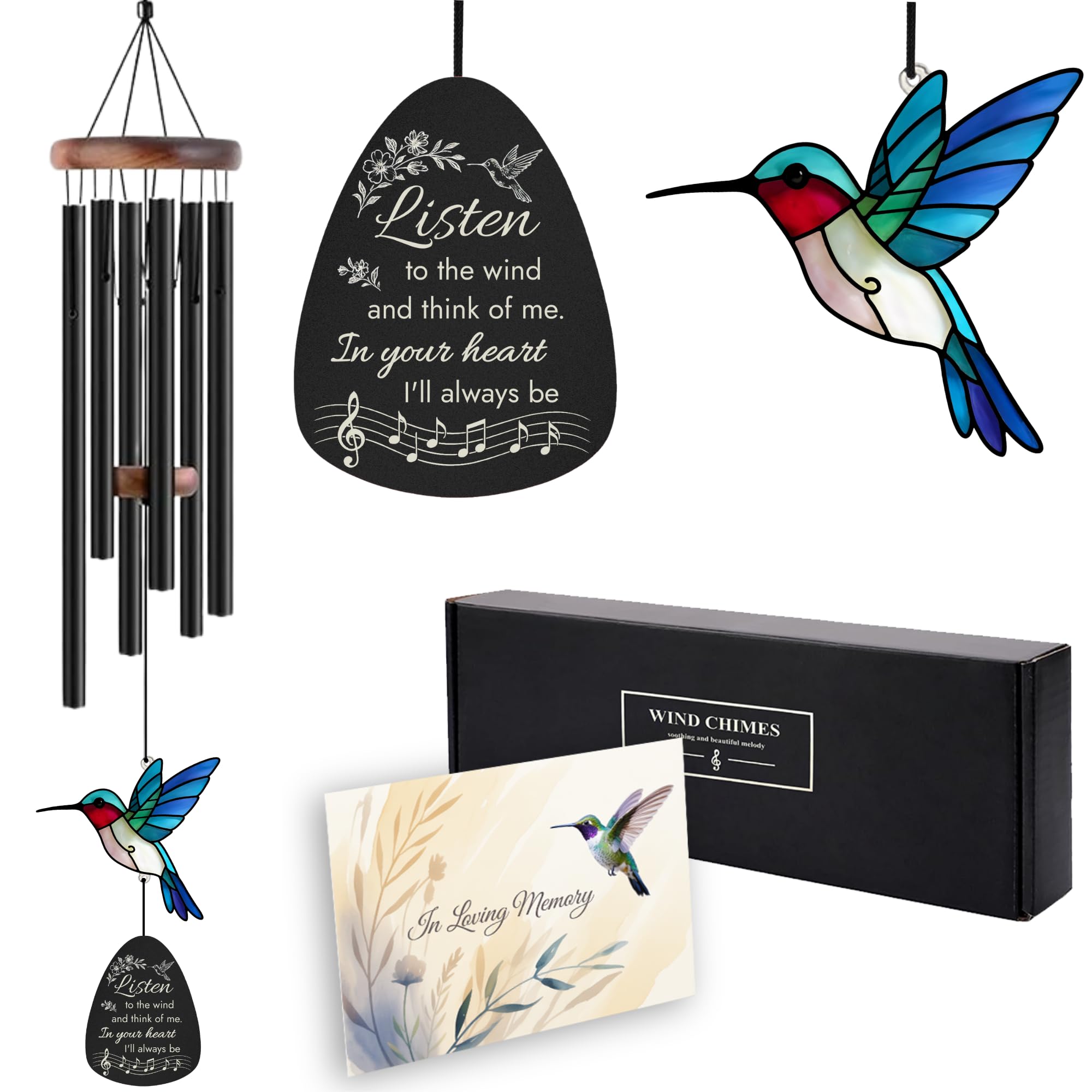 Livinges sympathy wind chimes outdoors with hummingbird sun catcher for memorial ambiance