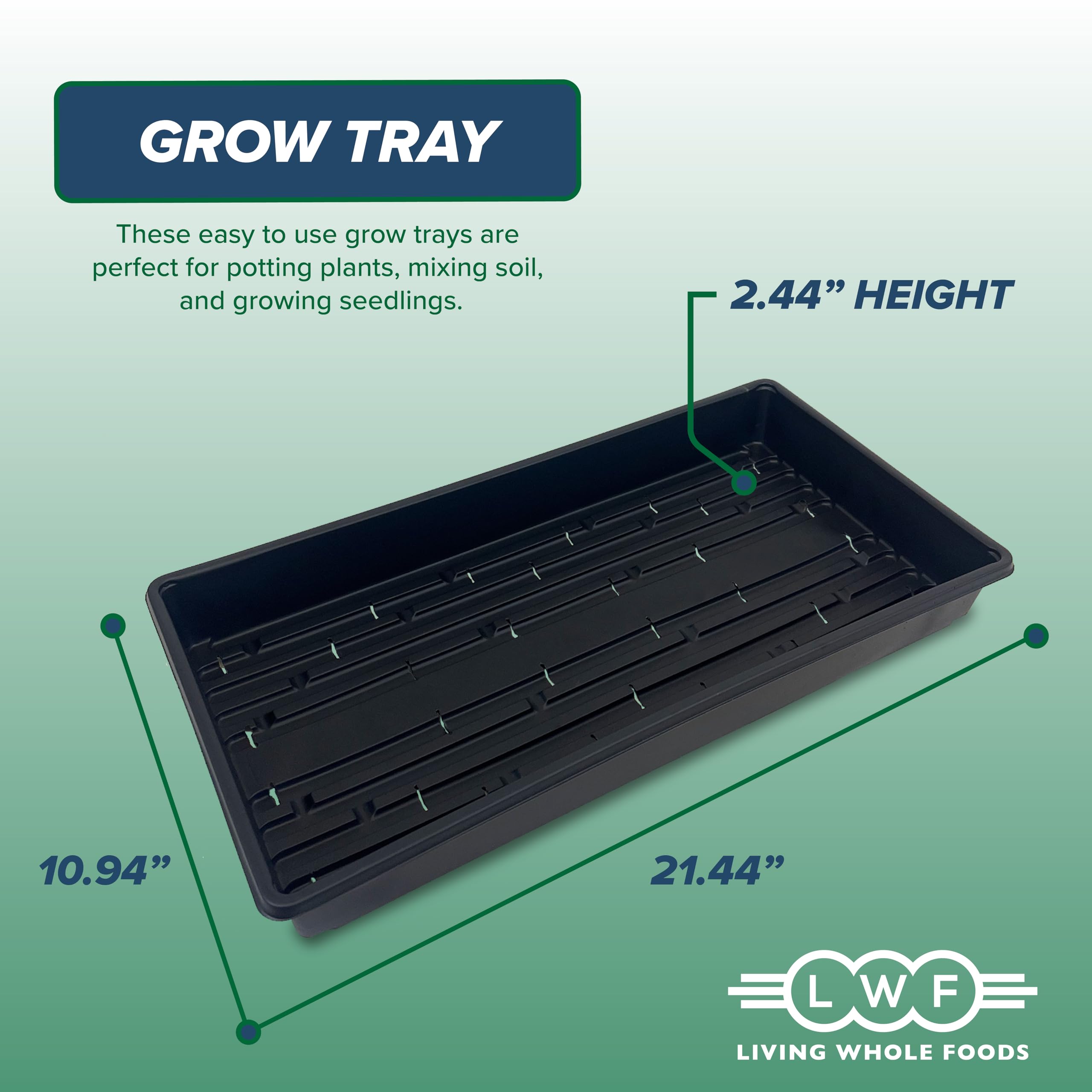 Living Whole Foods 20x10 inch trays support hydroponic-ready planting for clean setups.