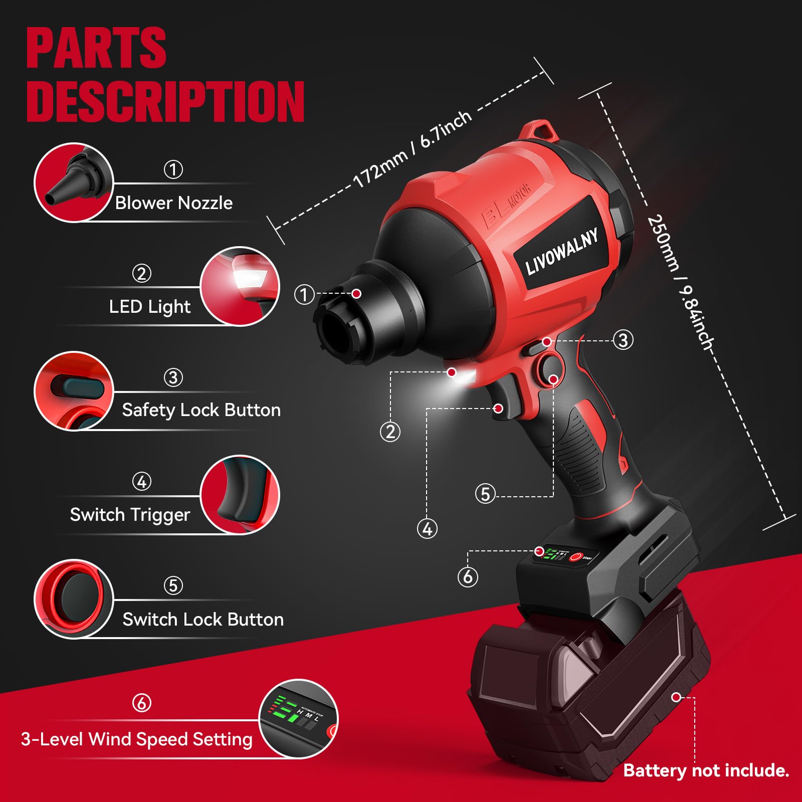 LIVOWALNY brushless motor detail highlighting powerful airflow for hard-to-reach dust
