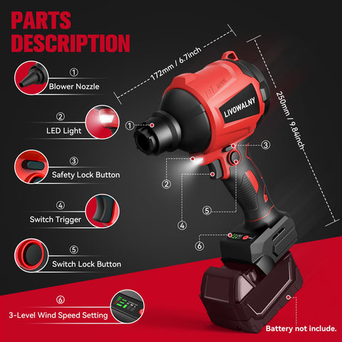LIVOWALNY brushless motor detail highlighting powerful airflow for hard-to-reach dust
