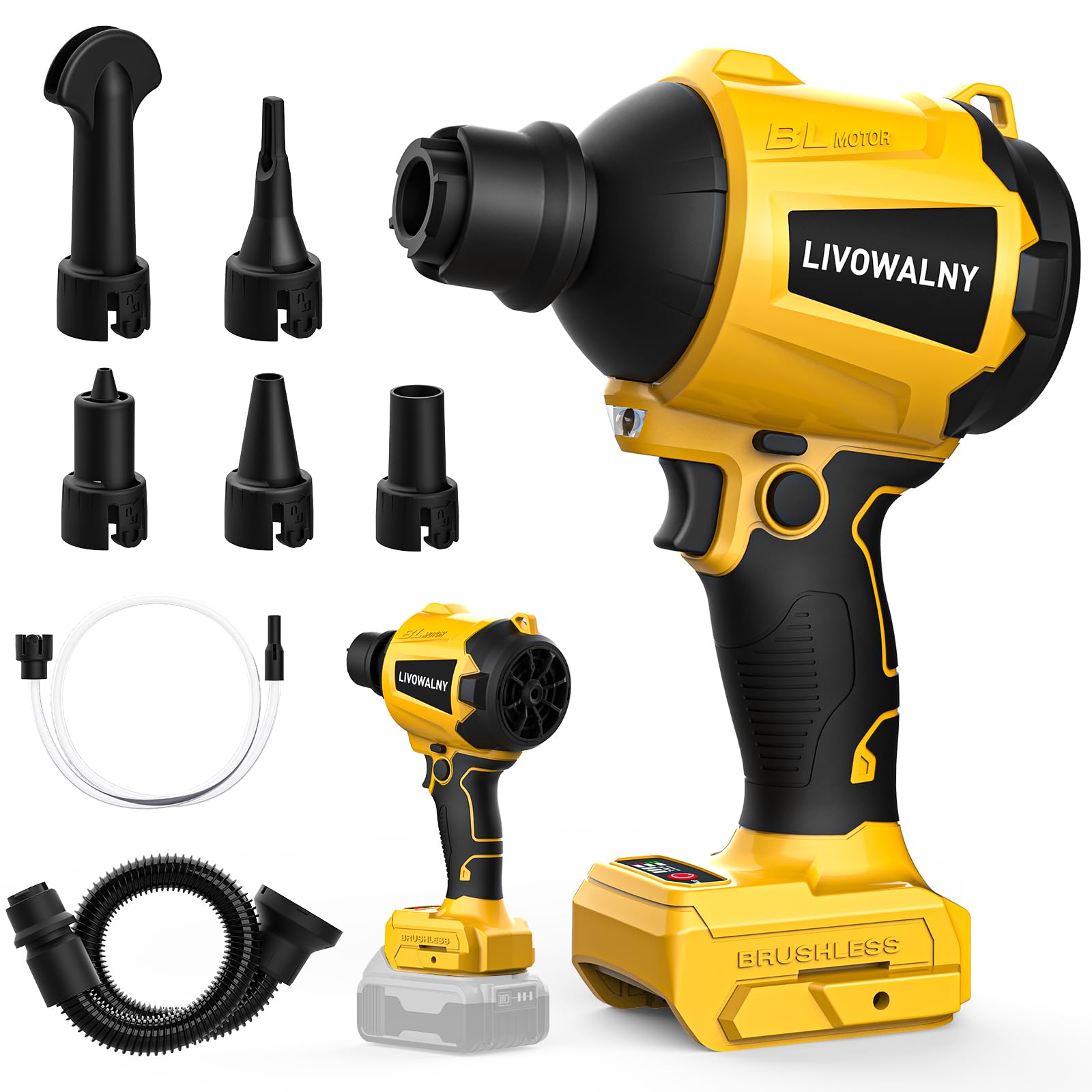 LIVOWALNY cordless dust blower front view showing compact power for quick cleanup.