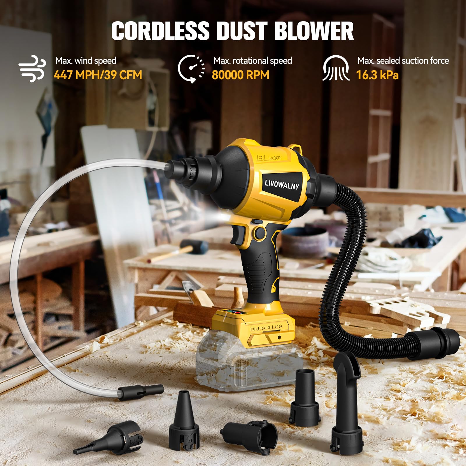 LIVOWALNY thick tube attachment enables deeper reach for dusty corners.