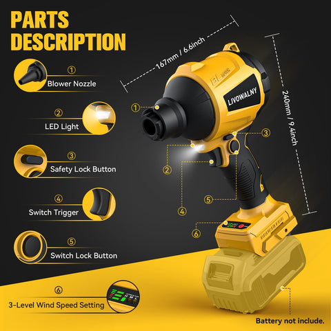 LIVOWALNY cordless dust blower with battery demonstrates portable flexibility for outdoor cleanup on job sites.