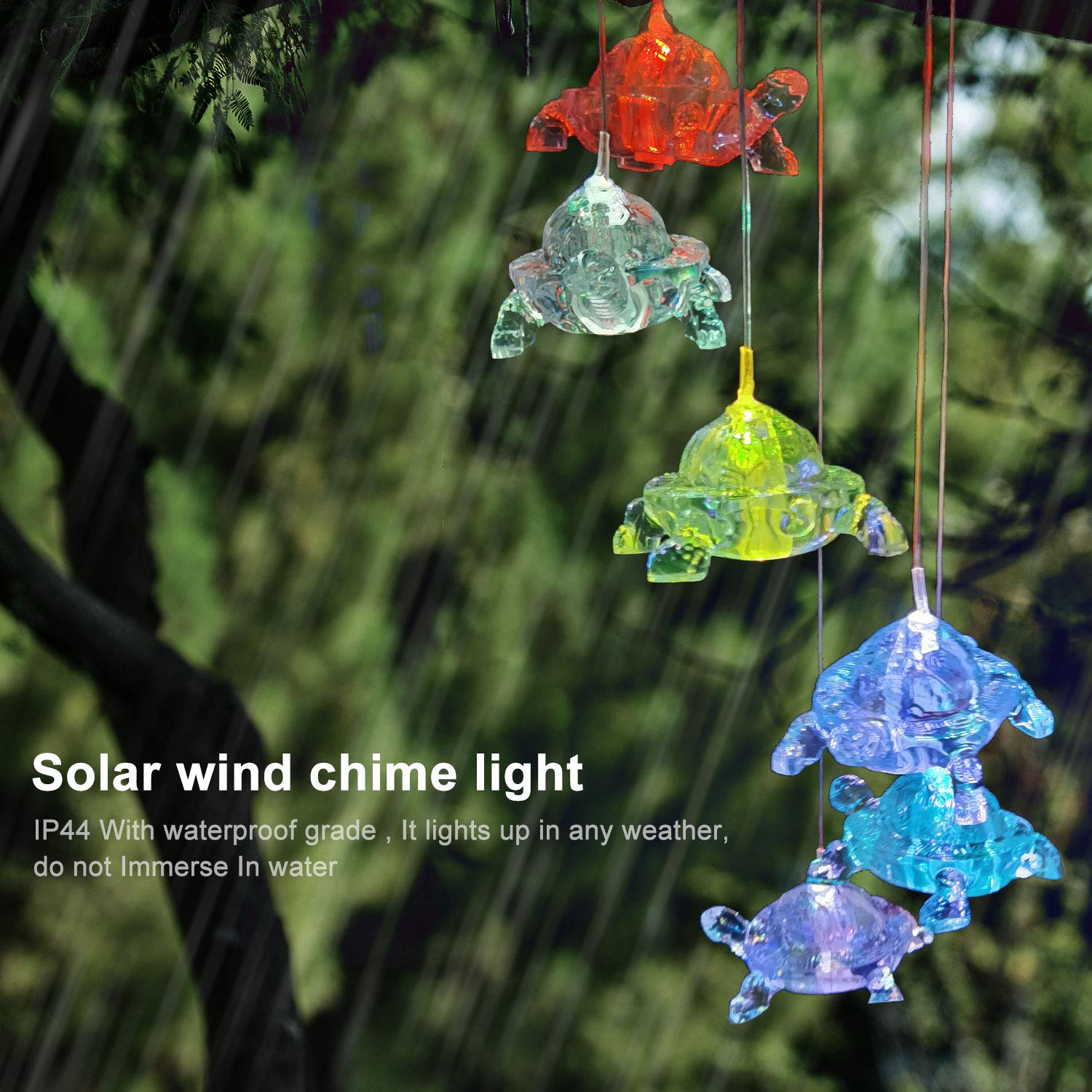 Lixada solar turtle LED wind chime features color-changing lights at dusk.