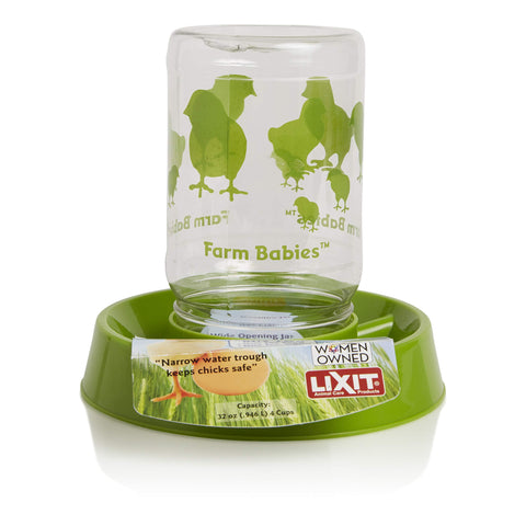 Lixit Chick Feeder Waterer shows a cute chicken silhouette design.