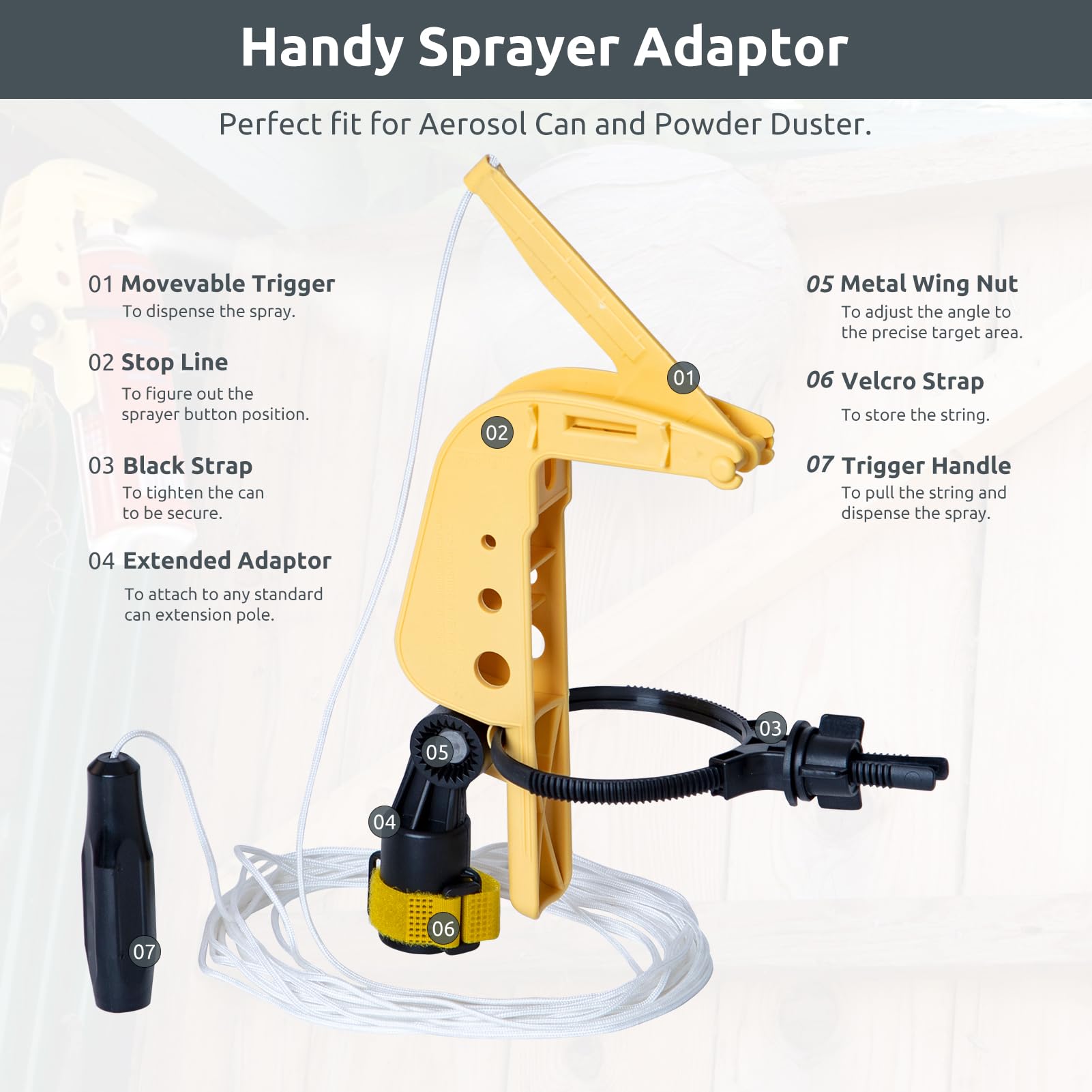Lizatto sprayer adaptor with trigger enables one-handed spraying from a pole