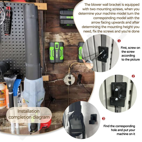 LIZEWEI wall mount installed holding an EGO blower