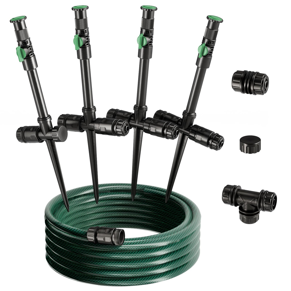 Lizjarol flexible sprinkler system demonstrates wide coverage for lawns and beds