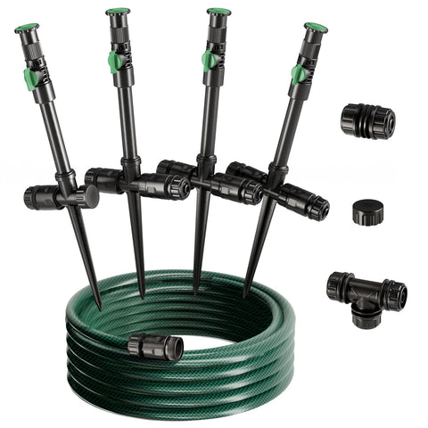 Lizjarol flexible sprinkler system demonstrates wide coverage for lawns and beds