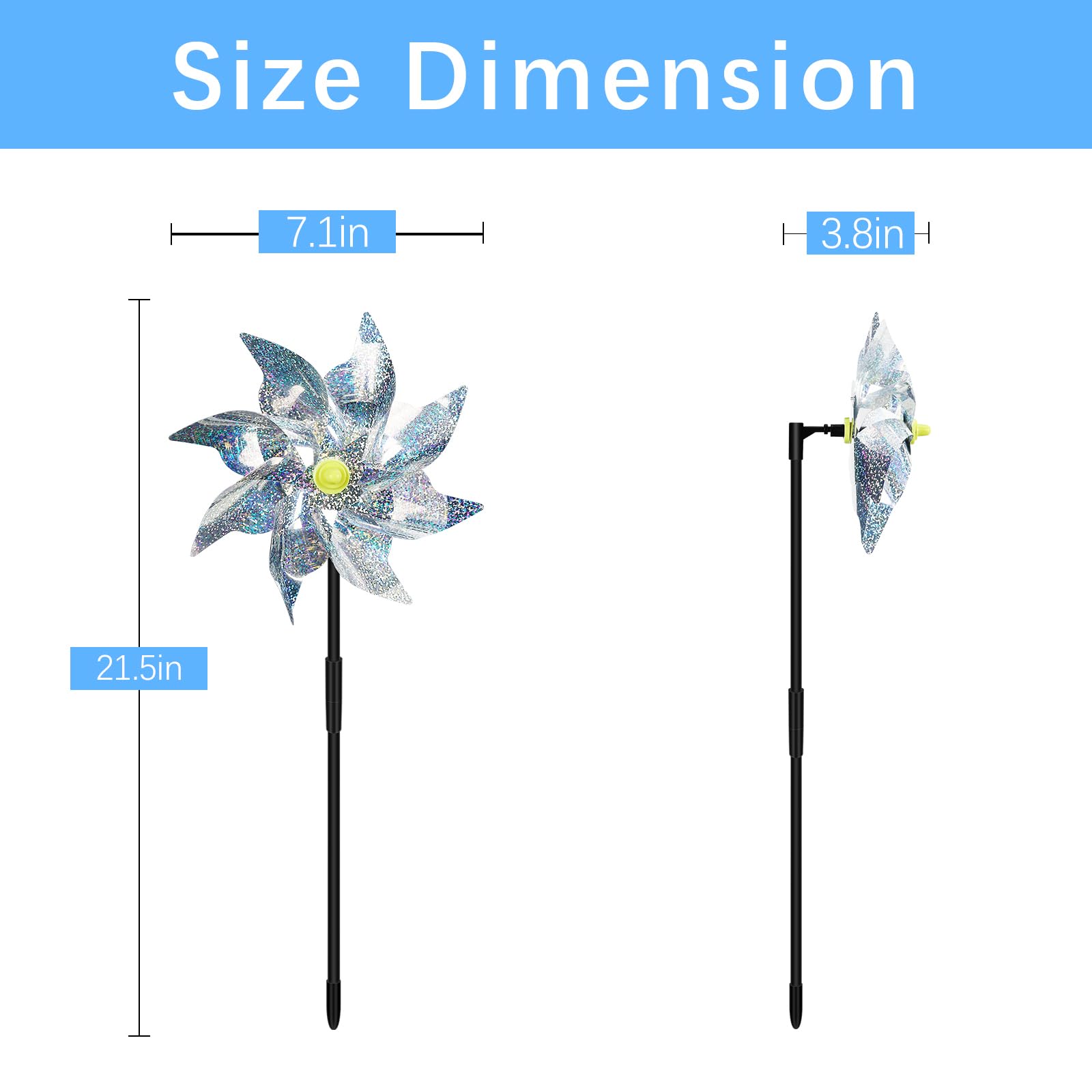 LIZOIDZSM reflective pinwheels garden display highlighting sun reflections to deter birds.