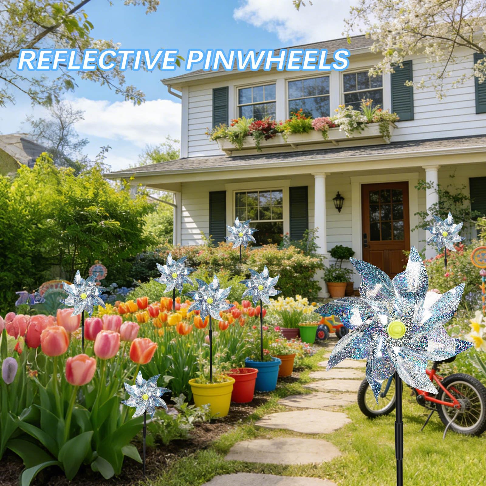 LIZOIDZSM 18-pack pinwheels brighten yards while deterring birds from crops.