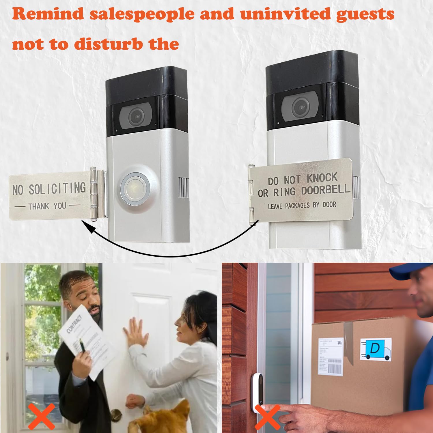 LJSCARE no-soliciting sign on the doorbell to deter interruptions.
