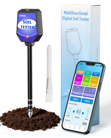 LKBird 8-in-1 soil tester with app connection for real-time garden data.