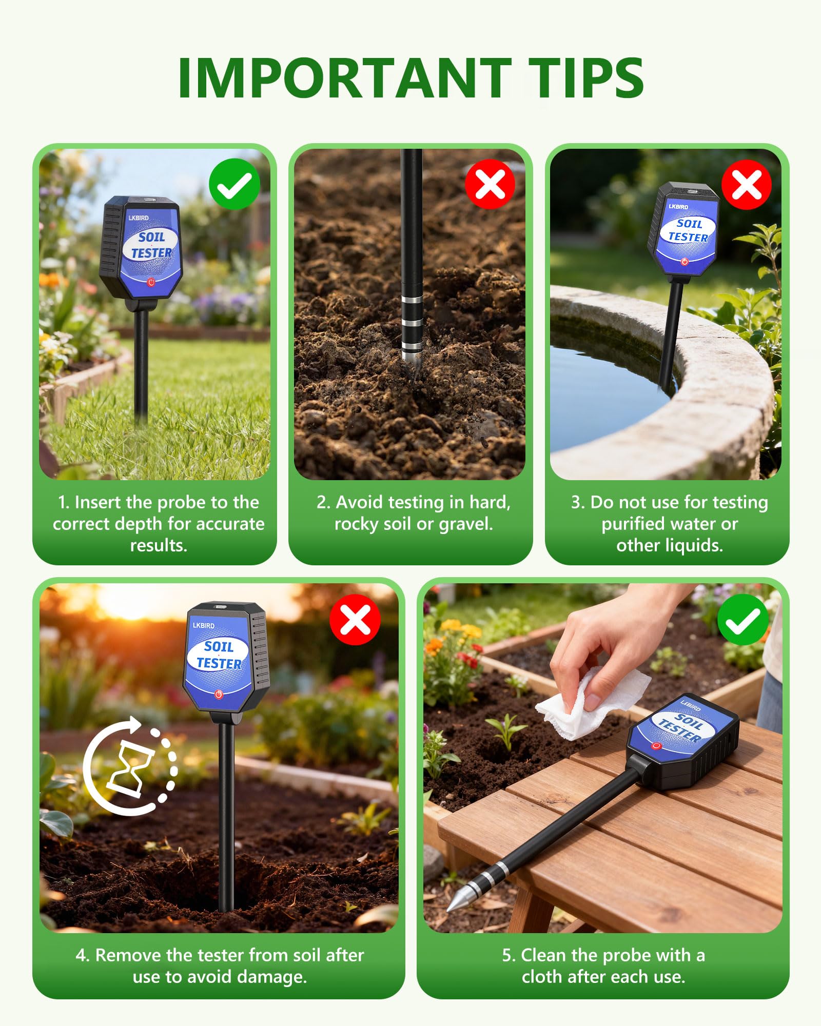 LKBird easy 2.7-inch soil insertion for quick readings.