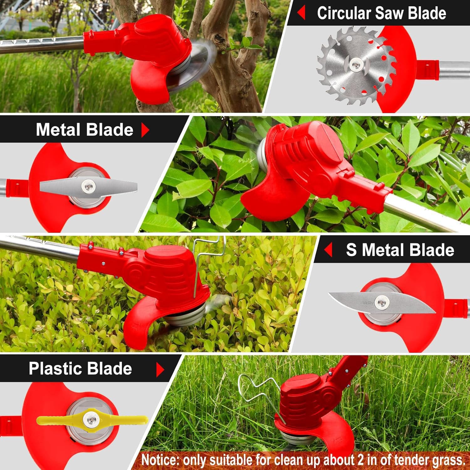 LKTOLS 3-in-1 blade types for soft grass, brushes, and shrubs
