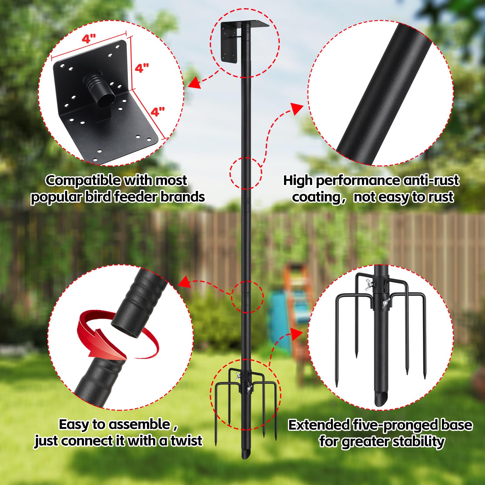 LLARGUEST Bird Feeder Pole 75-inch supports top or side installation for flexibility
