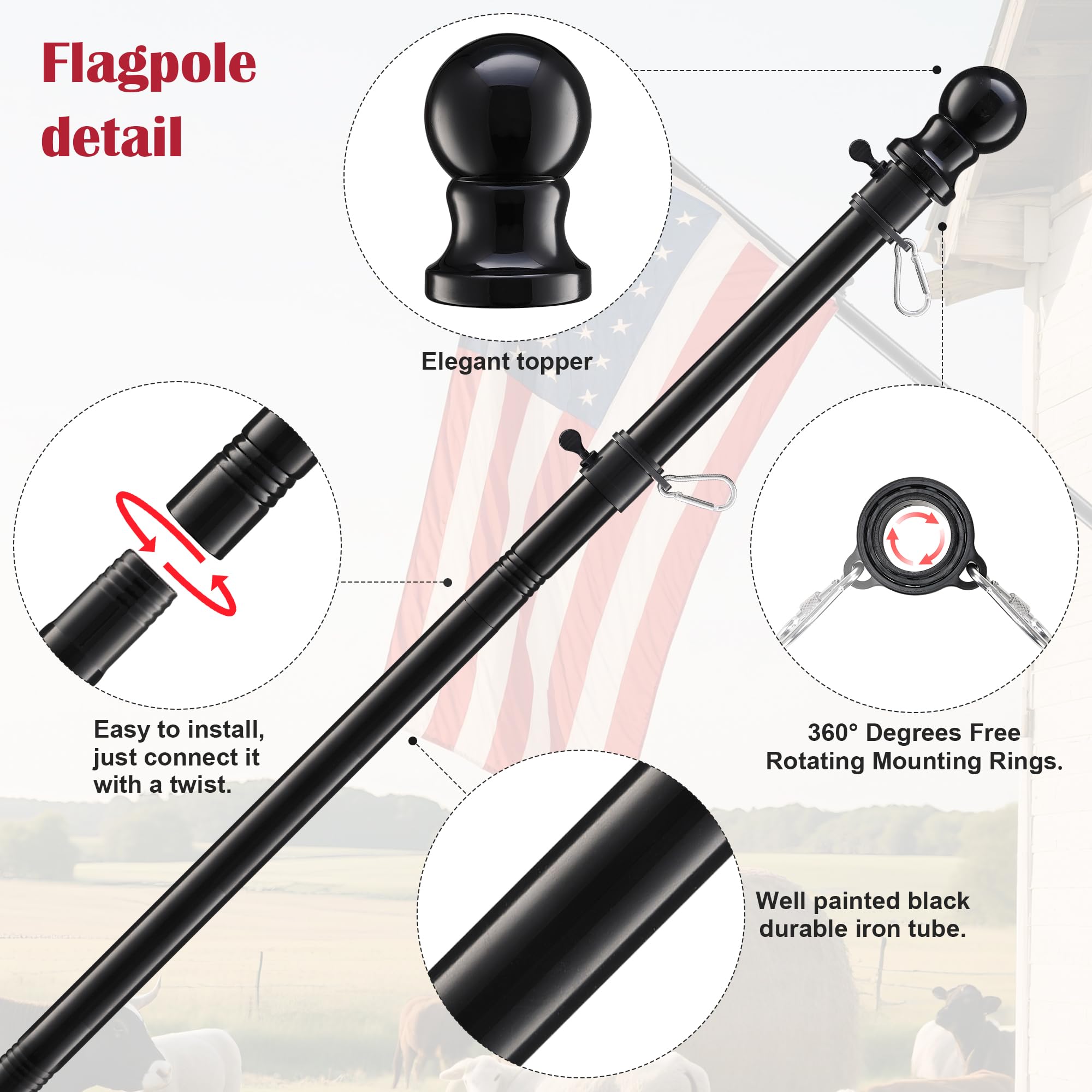 LLARGUEST flag pole extended from 1.3 ft to 5 ft for versatile displays.