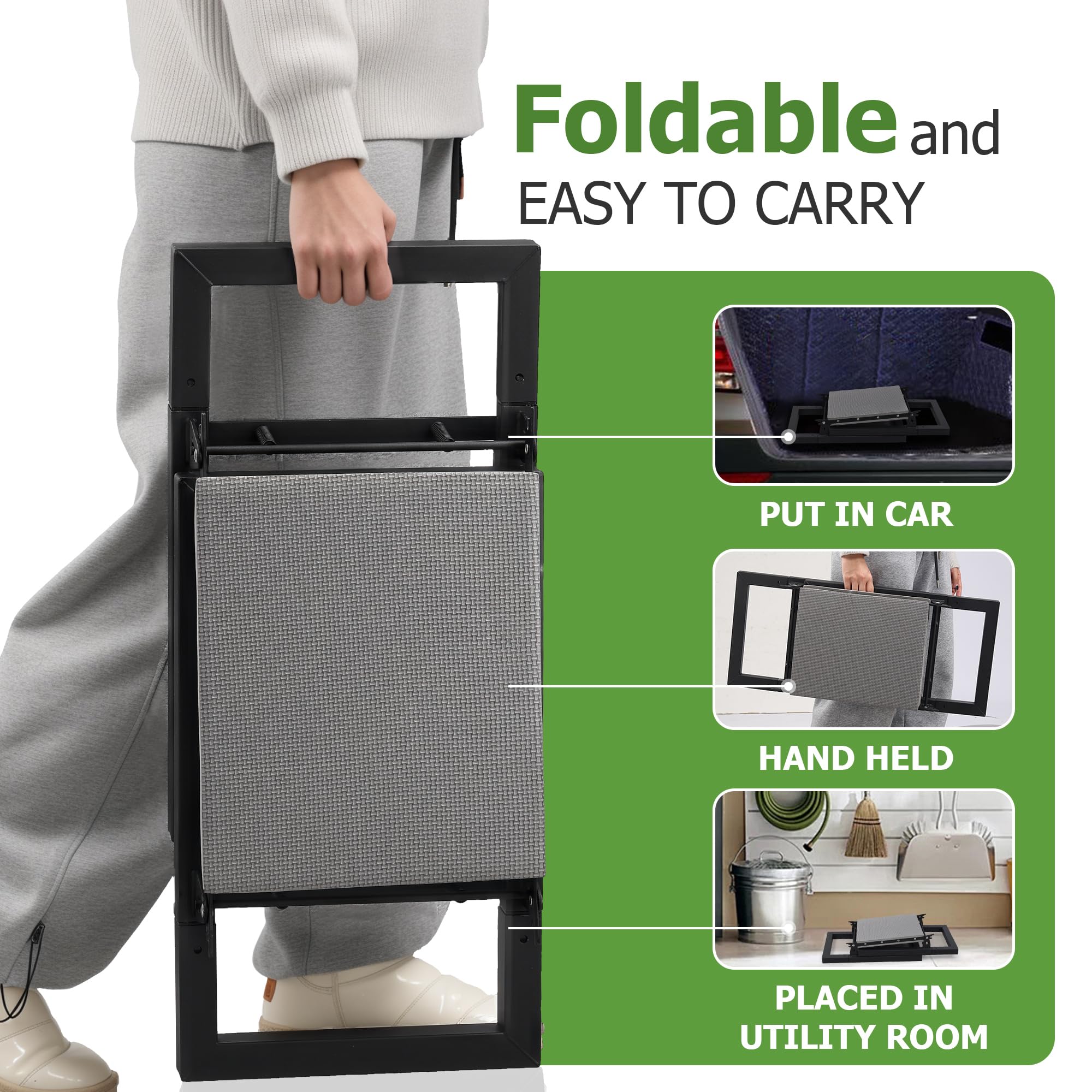 LLARGUEST compact kneeler fits easily in a car trunk for transport.