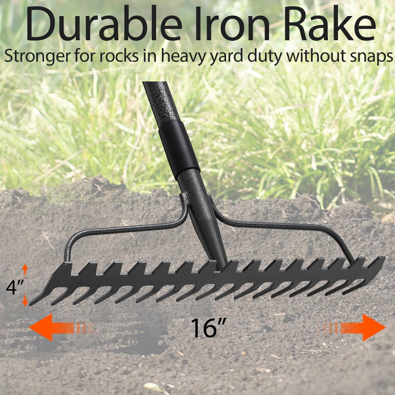 LLARGUEST heavy-duty metal rake with 60 inch handle for reduced back strain