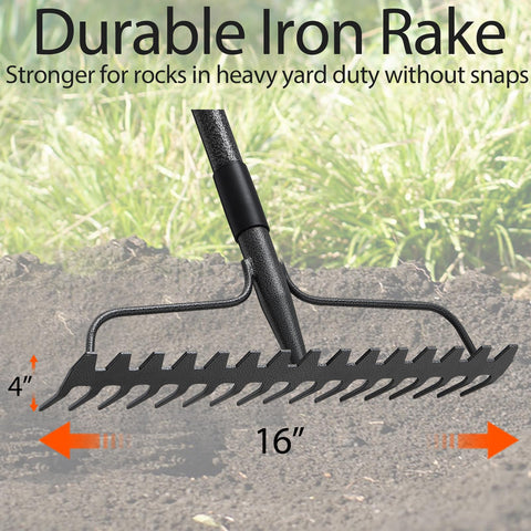 LLARGUEST heavy-duty metal rake with 60 inch handle for reduced back strain