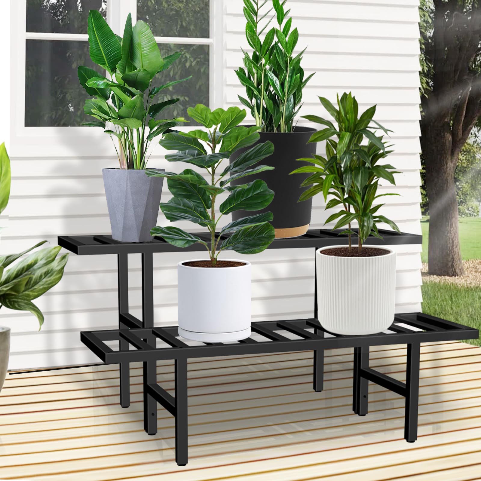 LLAXERGU heavy-duty iron plant stand shown on a patio with large pots.