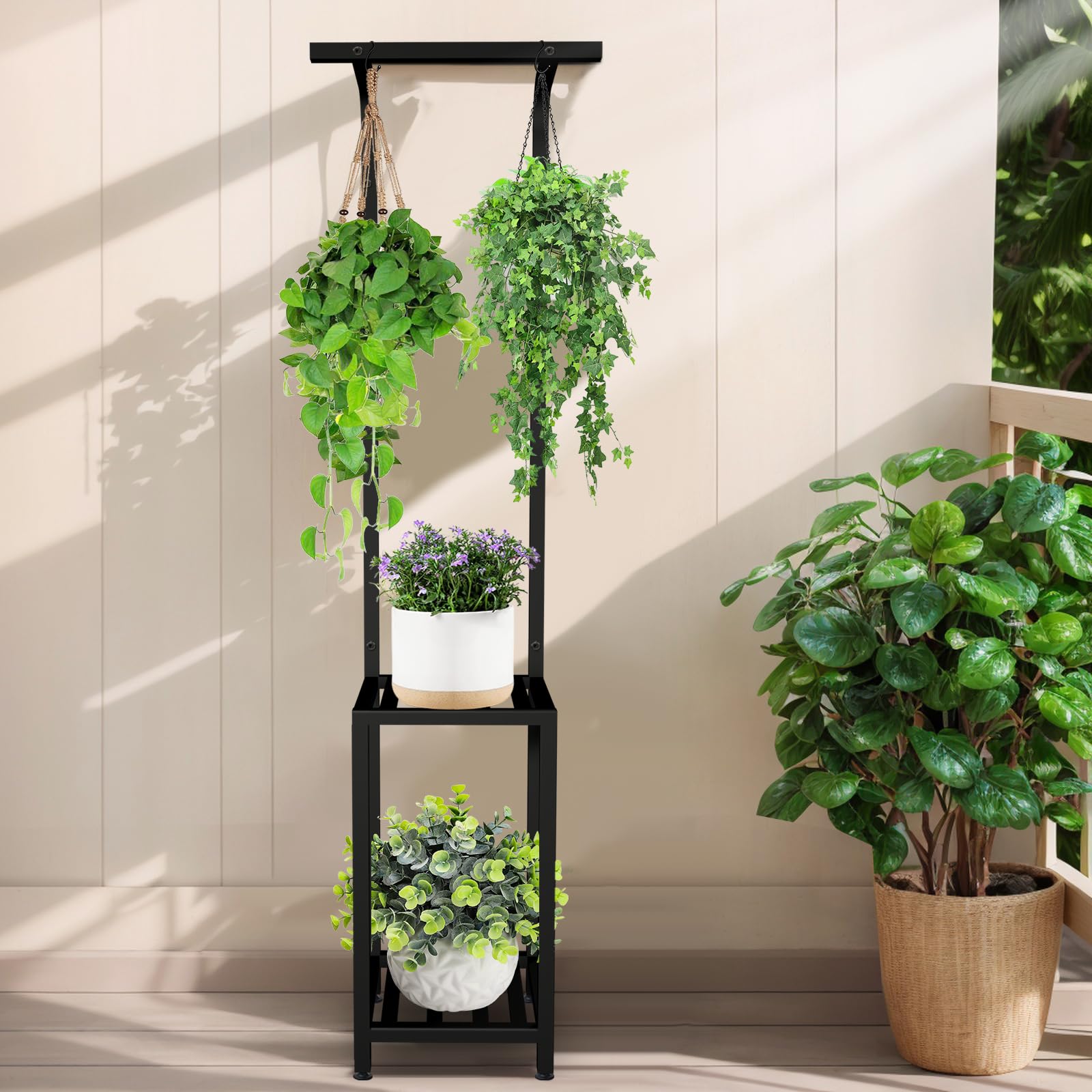 LLAXERGU plant stand with two 12-inch trays for multiple plants.
