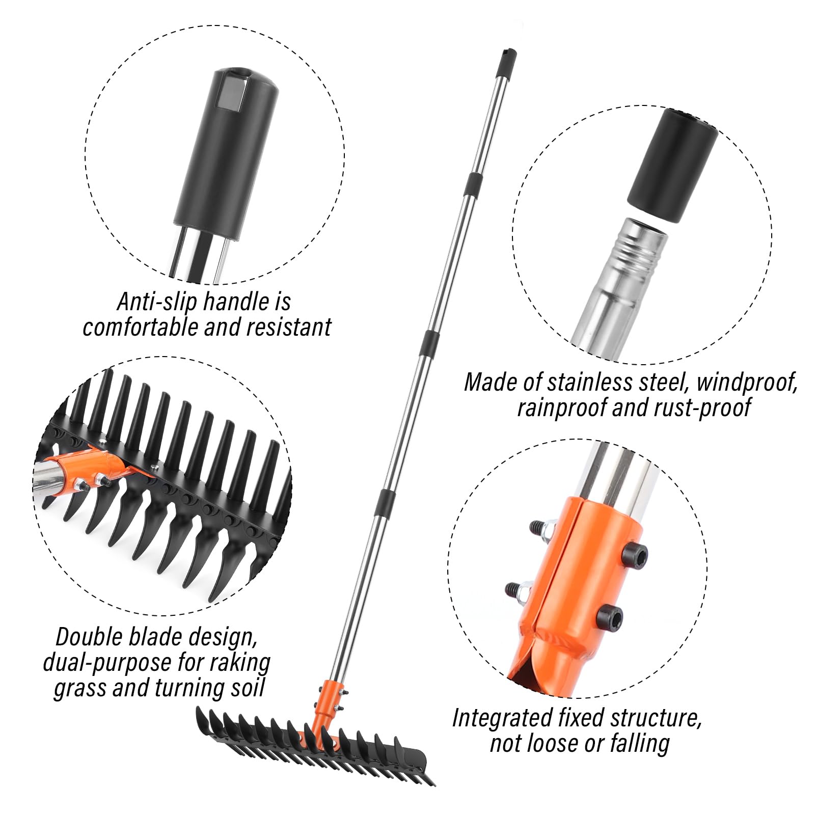 Lmaytech rake shows two-edge tines for debris separation and collection.