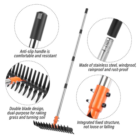 Lmaytech rake shows two-edge tines for debris separation and collection.
