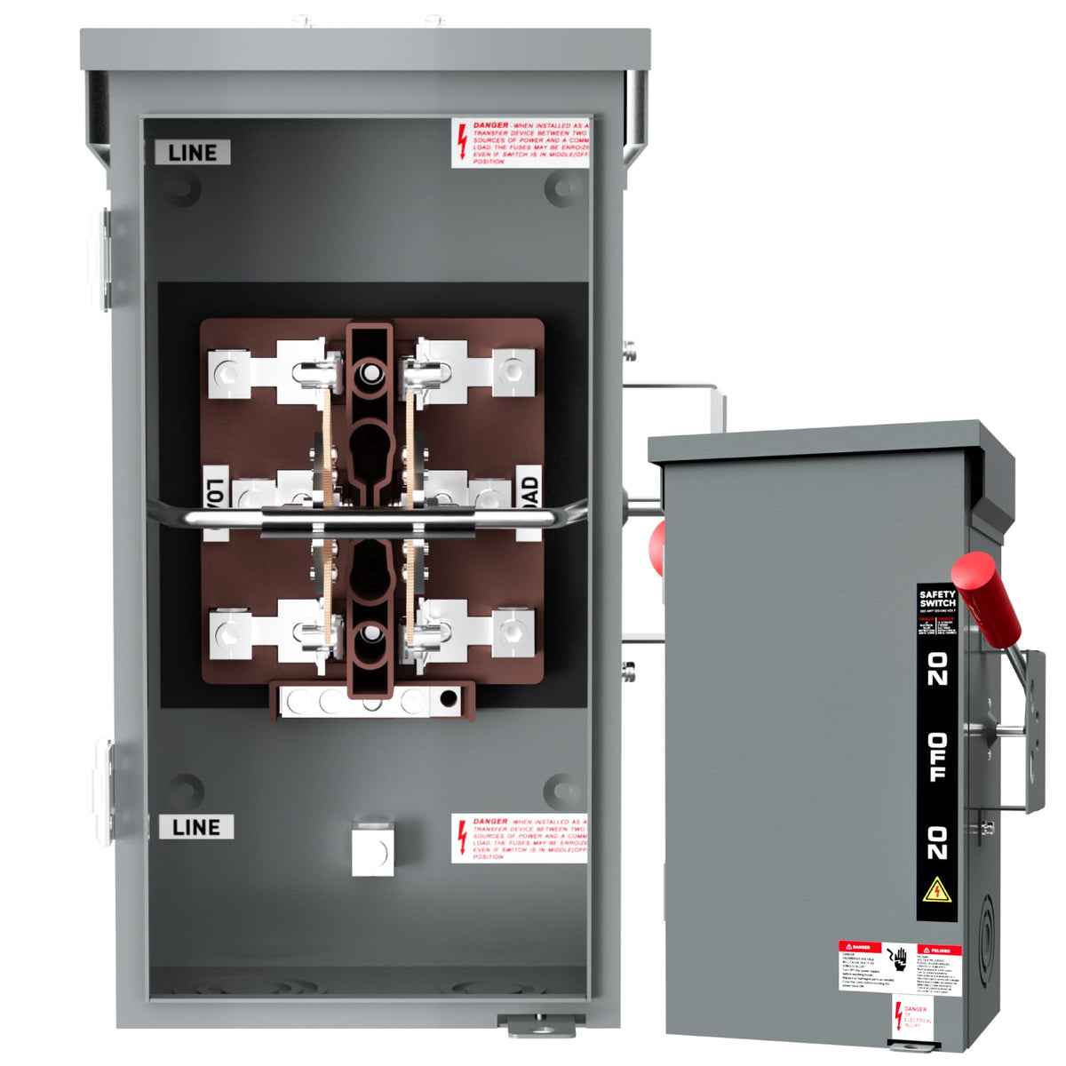 LNEUIE 200A manual transfer switch front view shows rugged design for reliable emergency power.