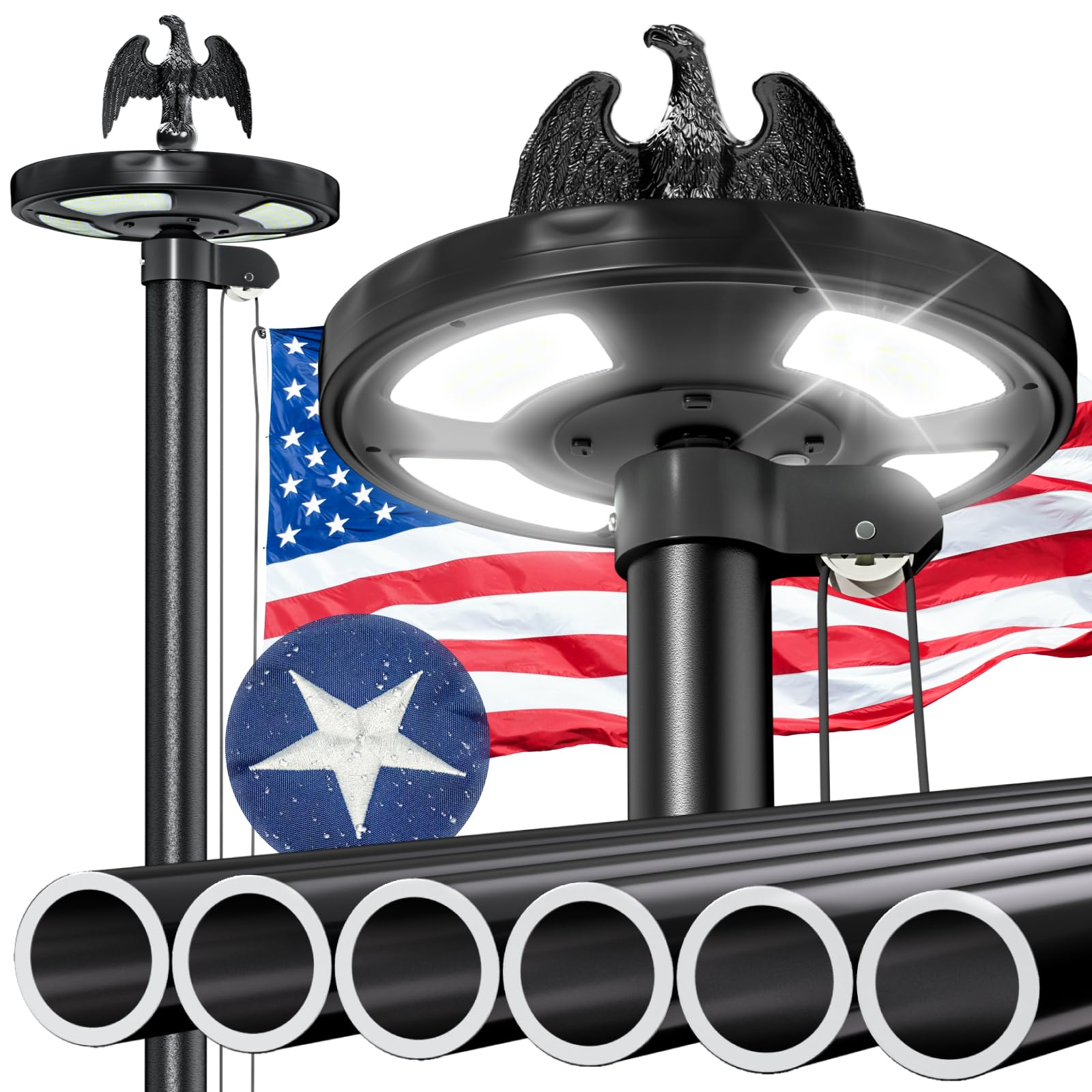 LNEUIE 25 ft flag pole with solar light illuminates flags at night.