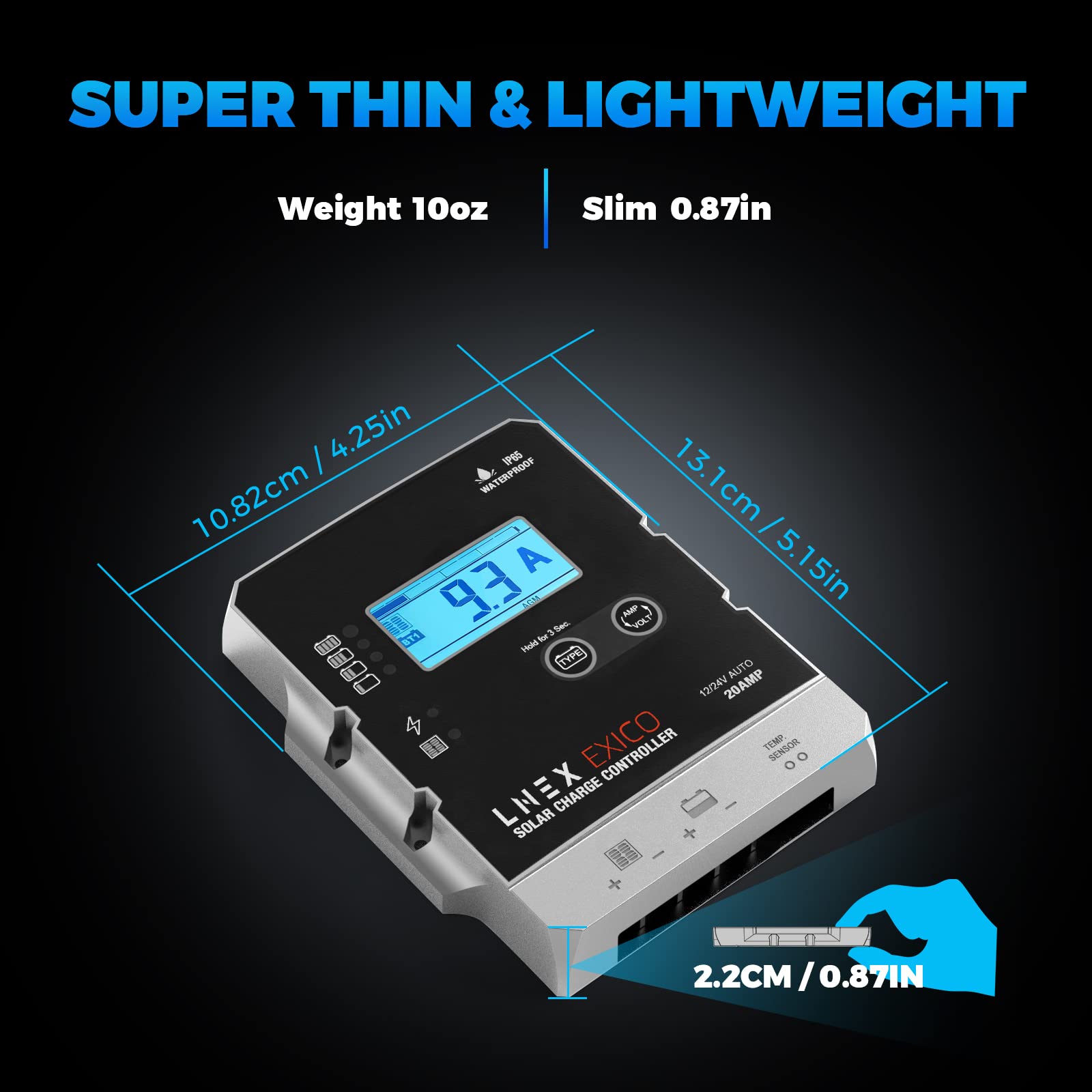 LNEX backlit LCD shows voltage and current clearly.